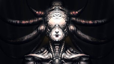 A frighteningly beautiful girl in a biomechanical suit, her helmet closes her eyes, cables are connected to it, the light falls on her from above in a dark place. digital drawing style, illustration clipart