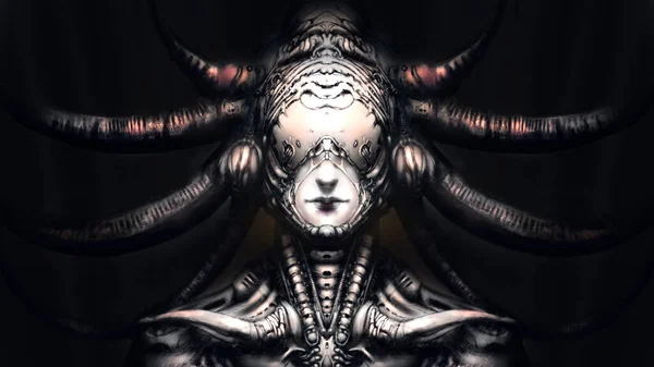 Frighteningly Beautiful Girl Biomechanical Suit Her Helmet Closes Her Eyes — Stockfoto