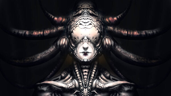 A frighteningly beautiful girl in a biomechanical suit, her helmet closes her eyes, cables are connected to it, the light falls on her from above in a dark place. digital drawing style, illustration