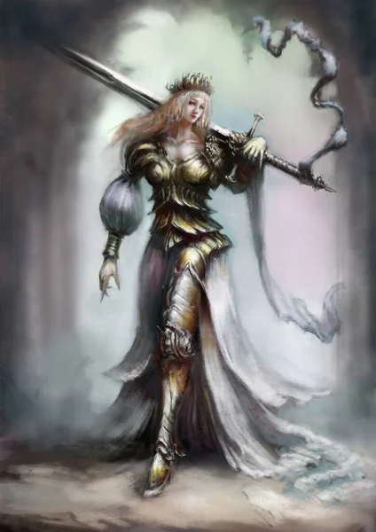 Ein Schönes Kriegermädchen Mit Einem Freundlichen Gesicht Rüstung Trägt Ein — Stockfoto