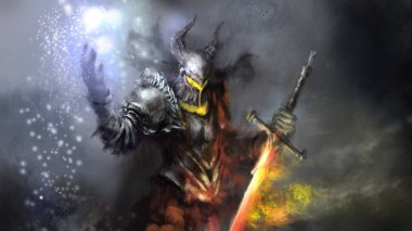 Şövalye bir büyücü, elinde ateşli bir kılıç tutuyor, ışık büyüsü yapıyor, boynuzlu bir miğferi var. dijital çizim biçimi, 2B illüstrasyon