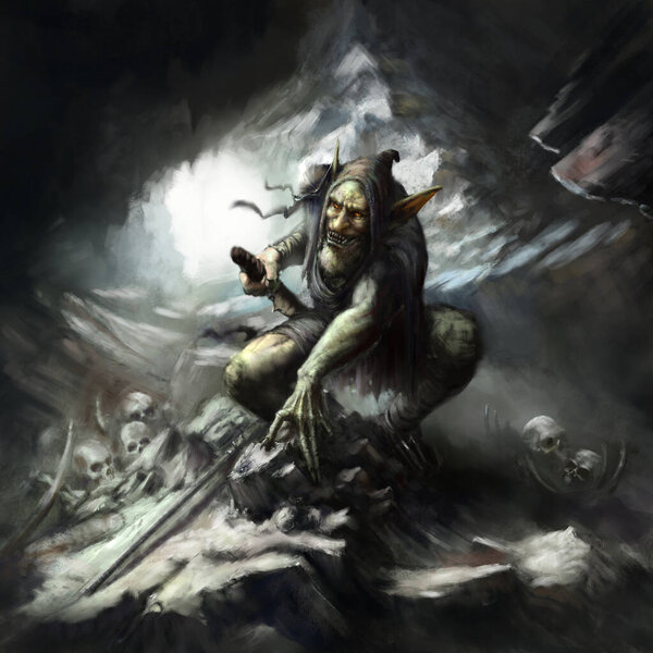 Горный гоблин вытаскивает кинжал со злой ухмылкой, его глаза светятся красными, он одет в потрепанные тряпки, вокруг него скальные основания, черепа и кости. Стиль цифрового рисунка, 2D иллюстрация