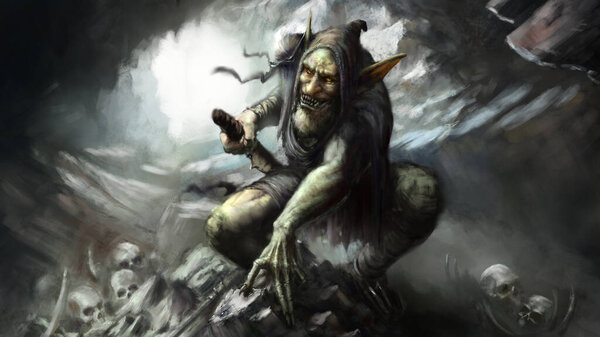 Горный гоблин вытаскивает кинжал со злой ухмылкой, его глаза светятся красными, он одет в потрепанные тряпки, вокруг него скальные основания, черепа и кости. Стиль цифрового рисунка, 2D иллюстрация