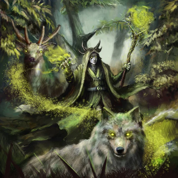 Leśny Druid Używa Magii Natury Przywoływania Zwierząt Rysunek Cyfrowy Ilustracja — Zdjęcie stockowe