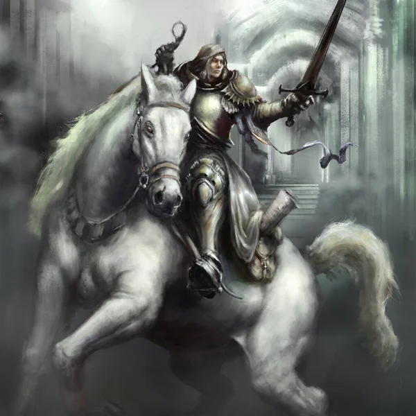 Cavaleiro Cavalo Branco Poderoso Armadura Dourada Está Preparando Para Ataque Fotografias De Stock Royalty-Free