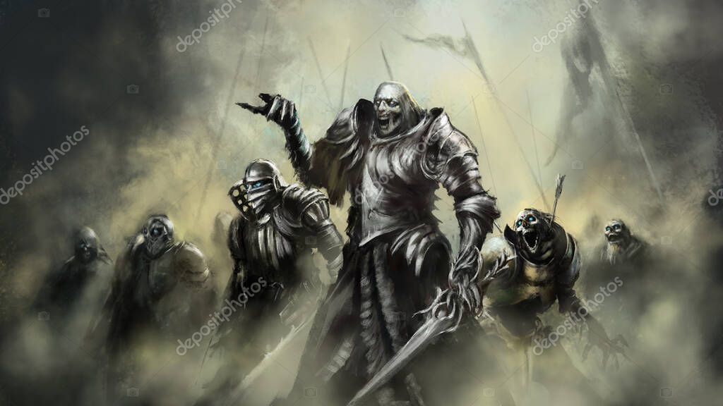 Un ejército de zombies muertos con ojos azules en armadura oxidada va a