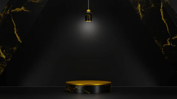 Marble ve Gold Product Showcase Podyum 3d İllüstrasyon. Öge Sunumu için Siyah ve Altın Yaya Sahnesi.