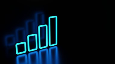 Neon Cell phone signal bars 3d illustration. Conception of cellular reception strength.