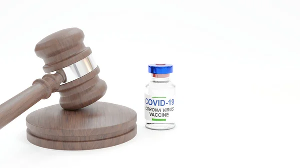 Judge Gavel and Corona Virus Vaccine Bottle. Concept of Covid-19 mandatory vaccination.