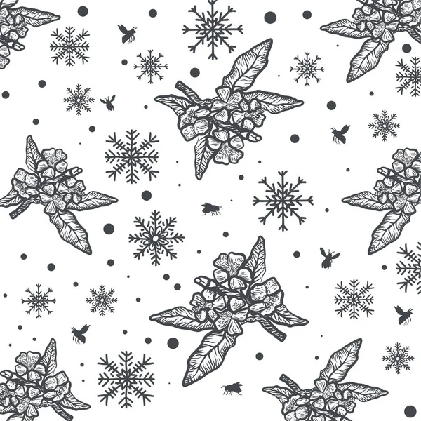 Zwart Witte Tulpen Sneeuw Kerst Patroon Pictogram Achtergrond — Stockvector