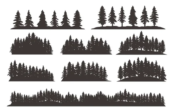 Vintage Retro Forest Pine Tree Silhouette Landscape Set Template — Stock Vector