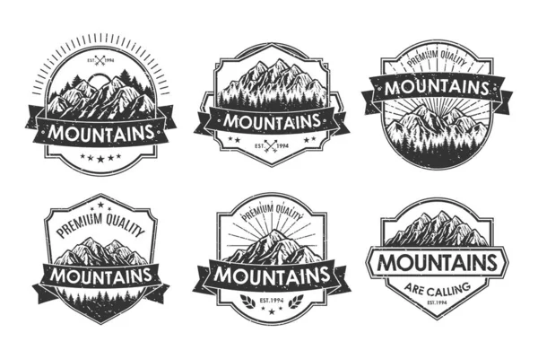 Винтажный Значок Логотипа Набор Приключения Горы Открытом Воздухе Наклейки Шляпы Векторная Графика
