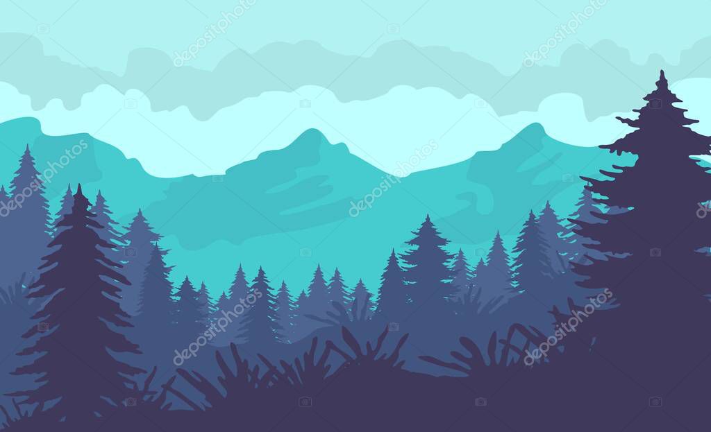 FLAT MODERN DESIGN BACKGROUND NATURAL MOUNTAINS LANDSCAPE WITH PINE JUNGLE FOREST IN SUNRISE SUNSET