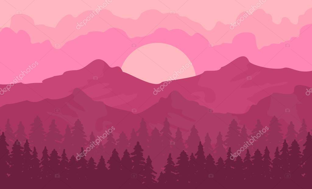 FLAT MODERN DESIGN BACKGROUND NATURAL MOUNTAINS LANDSCAPE WITH PINE JUNGLE FOREST IN SUNRISE SUNSET