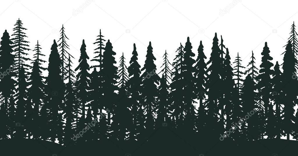 JUNGLE PINE FOREST SILHOUETTE WITH SMALL AND TALL TREES IN FLAT MODERN DESIGN BACKGROUND