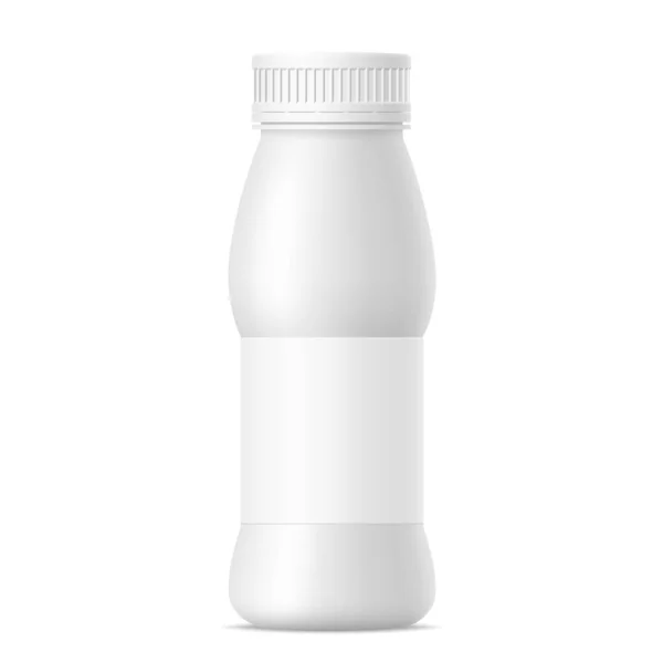 キャップと紙ラベル付きヨーグルトボトルのベクトルマットホワイト現実的なモックアップ ミルク ジュースまたはサワークリームプラスチックパッケージ白を背景に あなたのデザインのための3Dモックアップ — ストックベクタ