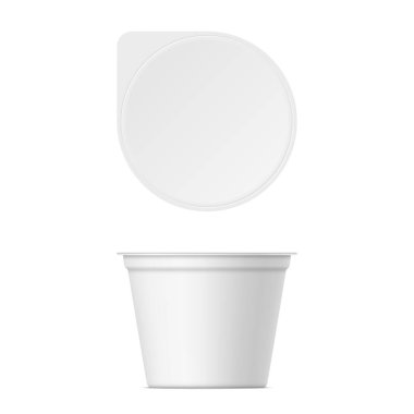 Beyaz arka plan üzerinde izole kapaklı plastik yoğurt kabının mockup. Vektör gerçekçi yoğurt, dondurma veya ekşi krema paketi. 3D çizim. Tasarım şablonu. Ön ve üst görünümü.