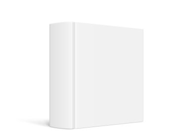Beyaz boş kapağı olan ayakta duran kitabın maketi. Kapalı kare ciltli kitap, katalog ya da beyaz arka planda dergi modeli. 3 boyutlu illüstrasyon. Bakış açısı azalıyor.
