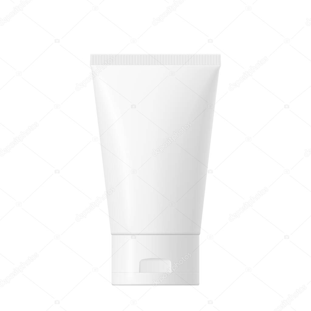 Realistic mock up of a package. Vector white glossy plastic tube with cap for cosmetics, body cream, skin care, gel, lotion, toothpaste. Front side view. 3D illustration.