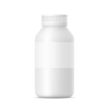 Plastik süt, çay, meyve suyu, vitamin, hap, yoğurt, içecek, deterjan, beyaz arka planda kapaklı şampuan şişesi. Sıvı için paketin vektör illüstrasyonu. Tasarımınız için şablon.