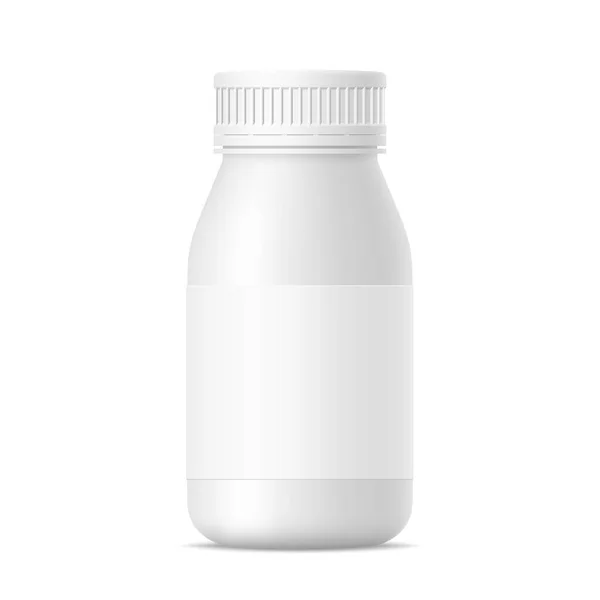 キャップと紙ラベル付きヨーグルトボトルのベクトルマットホワイト現実的なモックアップ ミルク ジュース ビタミン 白い背景に丸薬プラスチックパッケージ あなたのデザインのための3Dモックアップ — ストックベクタ