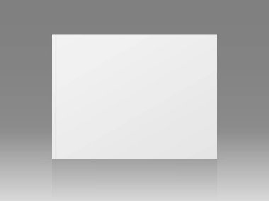 Vektör gerçekçi 3D dergi modeli ve beyaz boş kapak izole edilmiş. Kapalı yatay karton kapaklı kitap, katalog ya da dergi, gri gradyan arkaplan yansıması ile taklit edilir. Ön görünüm.