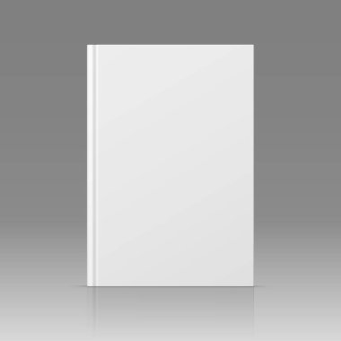 Vektör gerçekçi ayakta 3D kitap maketi ve beyaz boş kapak izole. Kapalı dikey cilt kitabı, broşür, katalog ya da dergi gri gradyan arkaplandaki yansıma ile eşleşiyor. Ön görünüm