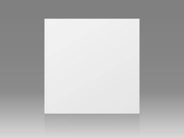 Vektör gerçekçi 3D dergi modeli ve beyaz boş kapak izole edilmiş. Kapalı kare karton kapaklı kitap, katalog ya da dergi, gri gradyan arkaplan yansıması ile taklit edilir. Ön görünüm.