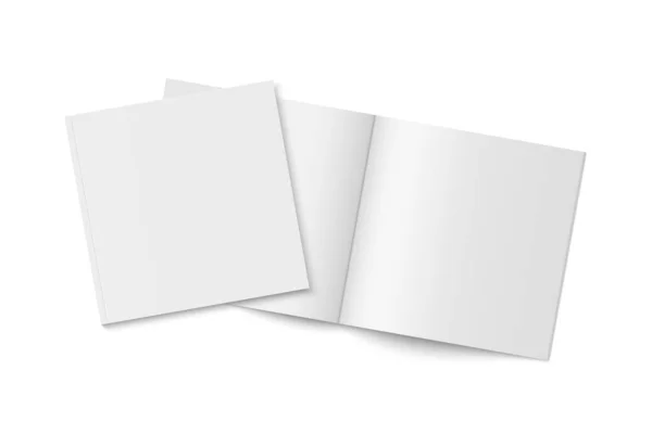 透明な影を持つ2つの白いペーパーバック雑誌のベクトルモックアップ 空白現実的な正方形の雑誌 パンフレットや小冊子テンプレートが開いて 白い背景に閉じました 3Dイラスト — ストックベクタ