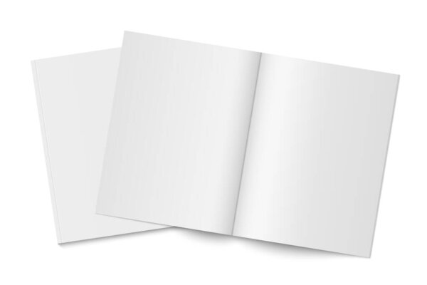 Vector mockup of two white paperback magazines with transparent shadow. Blank realistic vertical magazine, book, brochure or booklet template opened and closed on white background. 3d illustration