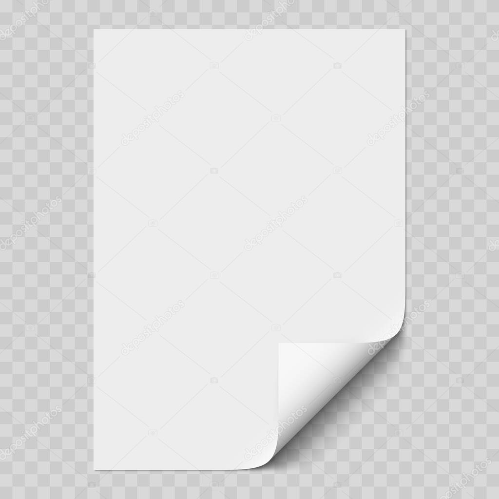 Vector white realistic paper page mockup with white corner curled. Paper sheet folded with soft transparent shadows on light background. A4 page mock up. 3d illustration. Template for your design.