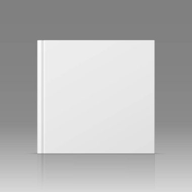 Vektör gerçekçi ayakta 3D kitap maketi ve beyaz boş kapak izole. Kapalı kare ciltli kitap, katalog ya da dergi, gri gradyan arkaplan yansıması ile taklit edilir. Ön görünüm.