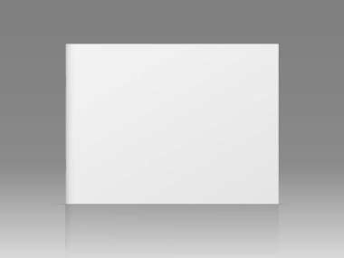 Vektör gerçekçi 3D dergi modeli ve beyaz boş kapak izole edilmiş. Kapalı yatay karton kapaklı kitap, kitapçık ya da dergi gri gradyan arkaplan yansıması ile taklit edilir. Ön görünüm.