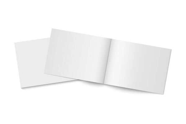 Vector mockup of two white paperback magazines with transparent shadow. Blank realistic horizontal magazine, book, brochure or booklet template opened and closed on white background. 3d illustration