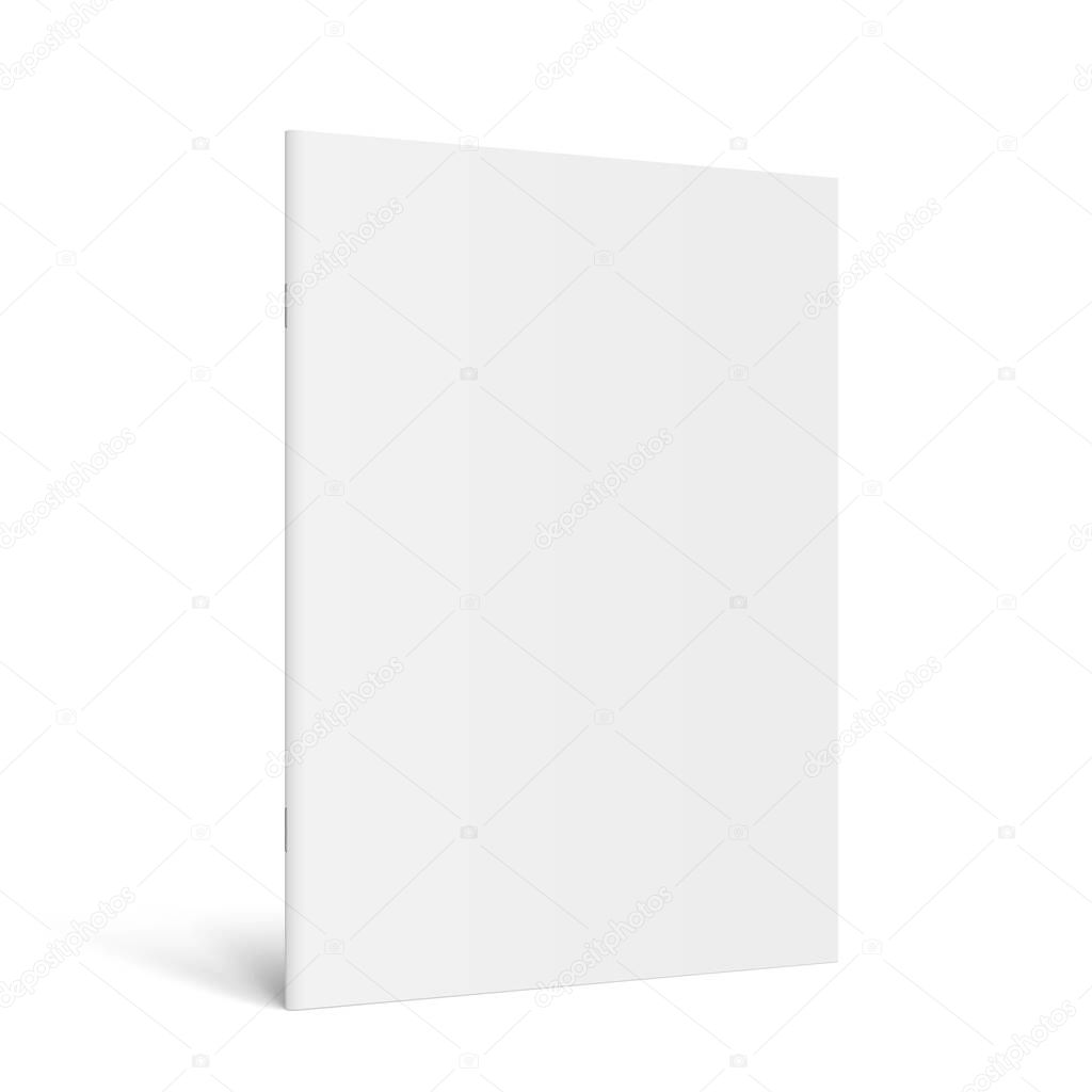 Vector realistic standing 3d magazine mockup with white blank cover. Closed vertical paperback booklet, catalog or magazine mock up on white background. Diminishing perspective