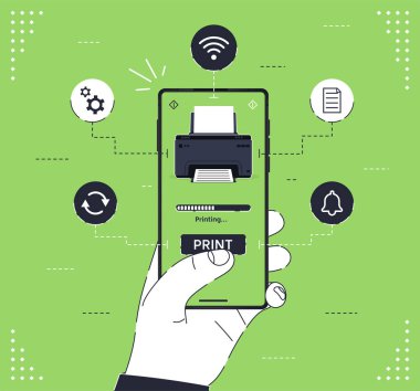 Çevrimiçi baskı uygulaması. Ekrandaki yazıcıda telefon var. Vektör illüstrasyon kavramı.