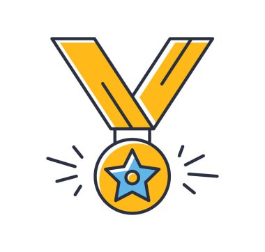 Madalya ikonu. Ödül beyaz arka planda izole edildi. Renk tasarımı. Mobil kavramlar, web uygulamaları ve sosyal ağlar için kullanılabilir. Düz biçim vektör illüstrasyonu.