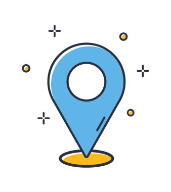 Konum simgesi. İşaretçi beyaz arka planda izole edildi. Tasarım elementleri renkli. Mobil kavramlar, web uygulamaları ve sosyal ağlar için kullanılabilir. Düz biçim vektör illüstrasyonu.