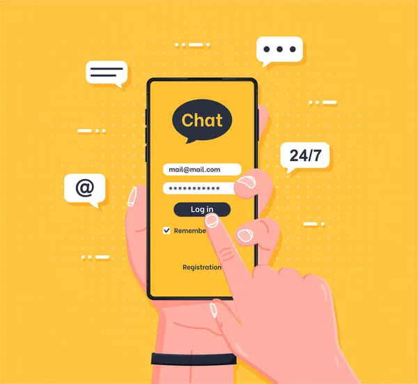 Messenger Mit Füllformularvektor Gelbe Startseite Mobiles Soziales Netzwerk Für Globale — Stockvektor