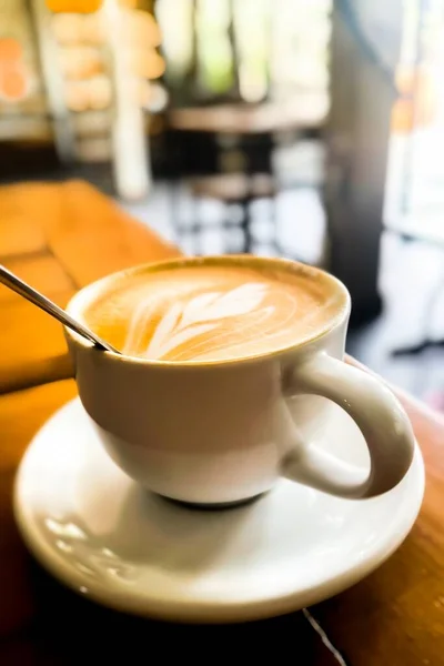 Close View Hot Coffee Latte Cappuccino White Cup Wooden Table — Stock Photo, Image