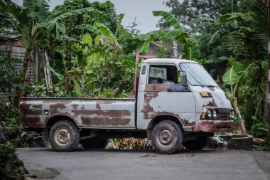 Ağaçların önündeki eski paslı araba.