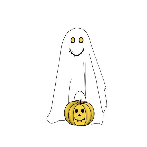 Белый призрак, с желтой тыквой, Хэллоуин — стоковое фото
