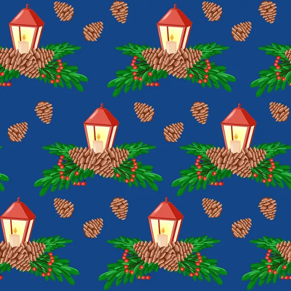 Winter seamless pattern of a red lantern and cones with a spruce branch on — Stock Photo, Image