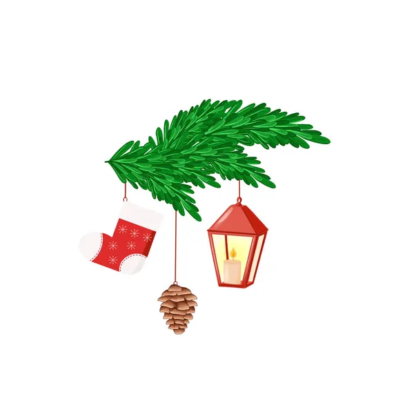 Ein grüner Zweig hängt eine rote Weihnachtssocke und ein Zapfen und eine rote Laterne mit einer Kerze — Stockfoto