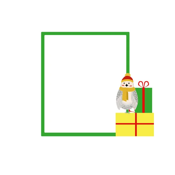 Quadratischer Rahmen mit Vogel und Geschenken grün und gelb — Stockfoto
