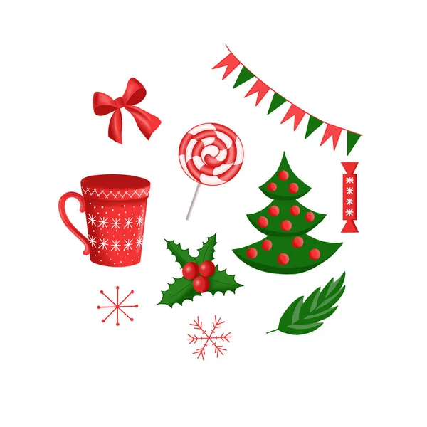 Set Weihnachtsbaum und Lutscher und Becher und Schneeflocken und Fahnen und Bonbons — Stockfoto