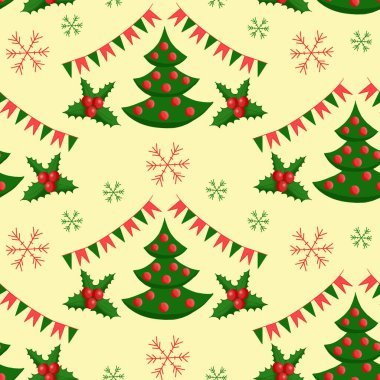 Kırmızı topları, yeşil yaprakları, bayrakları ve kar taneleri olan desenli Noel ağacı.