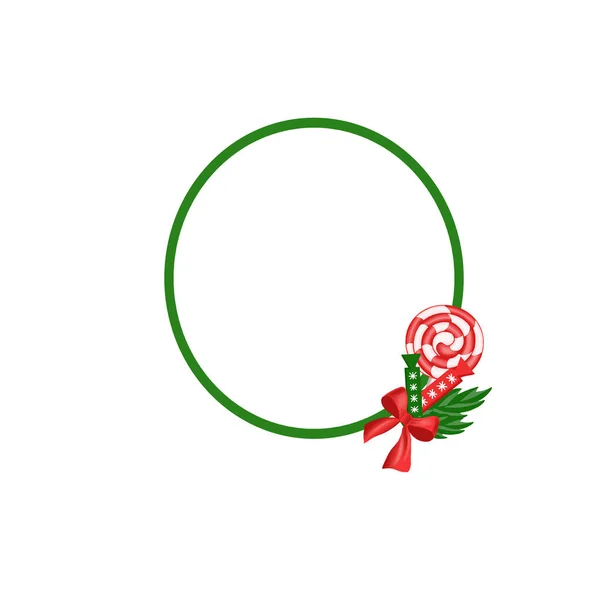 Frame is round green with a red lollipop and sweets and green leaves and a red bow — Stock Photo, Image