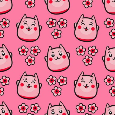 Yavru kedilerde pürüzsüz desen. Japon kedisi Maneki Neko. Şirin kedileri ve çiçekleri olan parlak pembe bir desen. vektör illüstrasyonu