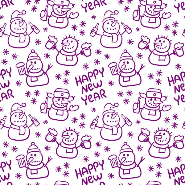 Seamless Pattern Funny Snowmen Linear Drawing Inscription Happy New Year — Stock Vector